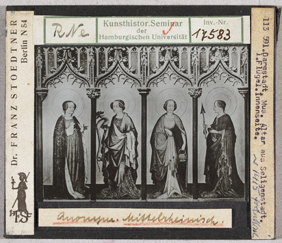 Vorschaubild Darmstadt, Museum: Mittelrheinischer Meister, Altar aus Seligenstadt, weibliche Heilige (Stoedtner-Nr. 113591) 